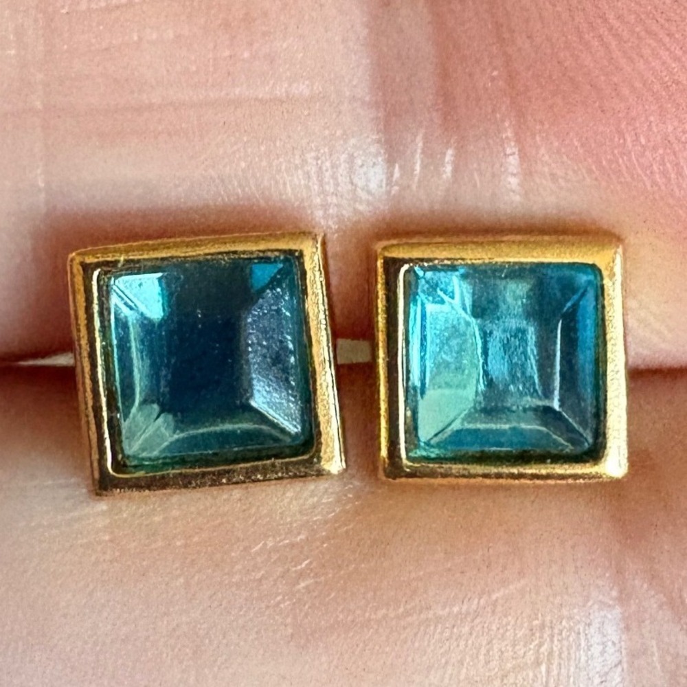 Vintage Gold Tone Square Teal Blue Glass Stone Stud Earrings Geometric Bezel